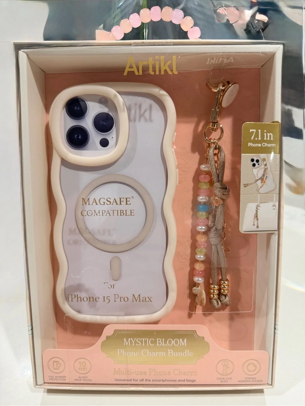 Mystic Bloom Pink/Cream MagSafe Compatible iPhone 15 Pro Max Case & Phone Charm